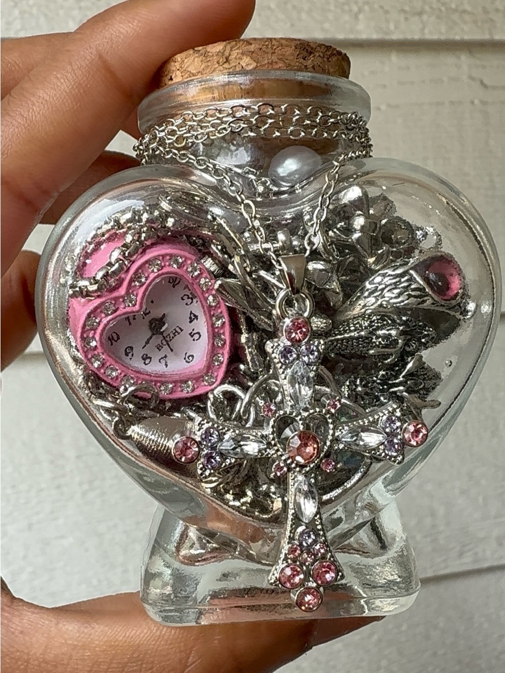 Silver Tone Cross Pendant Necklace with Pink Crystal Accents